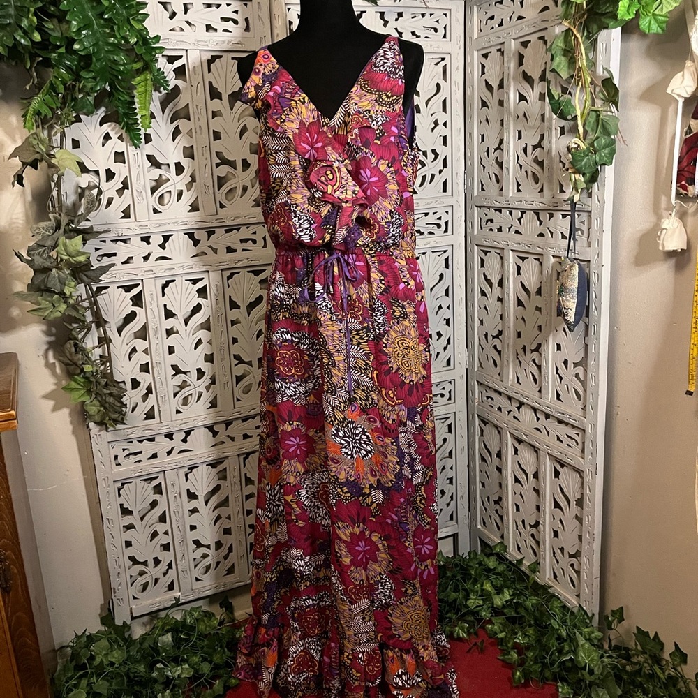 PURE SUGAR SWEET DARK RED & MULTICOLOR FLORAL PATTERN SPAGHETTI STRAP MAXI DRESS